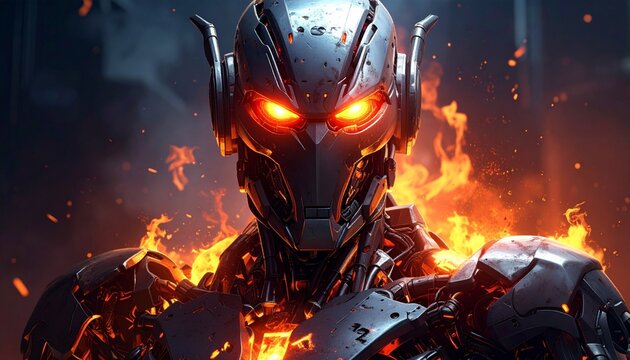 Ultron in Flames: A Fiery Robots Intense Gaze.