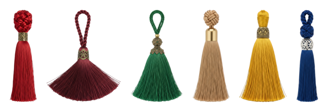 Colorful decorative tassel set including silk thread, metal caps, and braided tops isolated. Luxury crafting and embellishment collection.