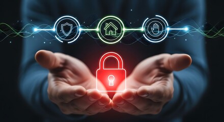 Hands holding glowing red padlock with digital security icons above representing cybersecurity
