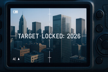 Urban cityscape viewed through digital camera interface with crosshairs and "Target Locked: 2026" text, symbolizing futuristic planning, strategy focus, and business vision targeting growth.