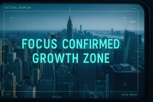 Focus confirmed growth zone city skyline aerial view with futuristic tactical display overlay and teal data graphics conveying urban development and business expansion