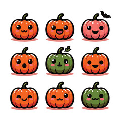 Adorable Kawaii Pumpkins with Smiling Expressions and Green-Orange Color Mix Vector Set