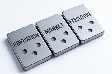 Three metal domino tiles labeled innovation, market, and execution represent the key steps of business success. Symbol of strategy chain, transformation, and startup momentum.