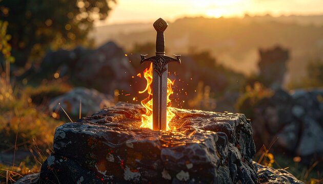 Excalibur Sword in Stone with Fiery Glow at Sunset.