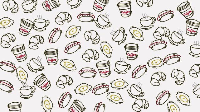 Seamless breakfast pattern featuring coffee, eggs, croissants, and hotdogs. Perfect for food bloggers, restaurant menus, cafe marketing materials, and culinary websites.