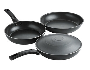 Three black nonstick cookware pieces stacked
