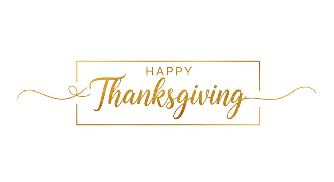 Gold script "Happy Thanksgiving" in a thin golden frame on white background Free space below for text or design Thanksgiving greeting card template