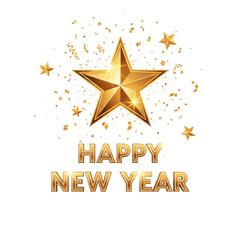 Golden Star and Confetti Happy New Year Celebration on transparent background