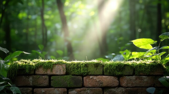 Mossy Brick Wall with Forest Backdrop, Natural Texture, Outdoor Environment, Tranquil Scene, Botanical, Lush Greenery, Sunlight, Peaceful