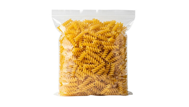 Rotini pasta in clear plastic bag uncooked dry spiral shaped noodles italian food product grocery item 100g on transparent background