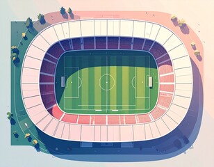 Stadium Aerial View: An overhead perspective of a majestic stadium, featuring a lush green field ready for competition and grandstands encircling the field.