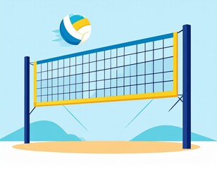 Volleyball Net and Ball: A dynamic illustration captures the essence of sportsmanship with a volleyball gracefully soaring over the net, set against a backdrop of a light sky.