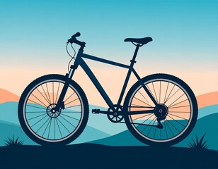 Silhouette of a Mountain Bike in Scenic Landscape: A sleek mountain bike stands in silhouette against a vibrant backdrop of rolling hills, embodying the spirit of adventure and outdoor exploration.