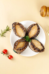 Fresh Large Abalone Shellfish Closeup on Plate with Herbs - Premium Seafood Ingredients for Gourmet Cooking