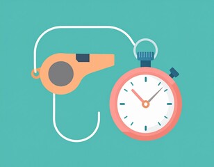 Sports Time: Whistle and stopwatch, an iconic duo representing time management and decision-making in sports, against a bright background.