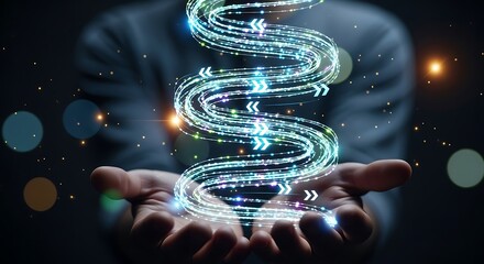 Futuristic dna helix glowing with blue light held in hands science technology concept