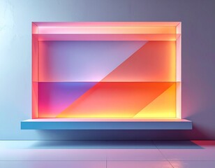 Abstract Illuminated Shelf Display: A minimalist shelf display casts colorful hues across the surface, creating an elegant backdrop for displaying products or art. A study in light and design.