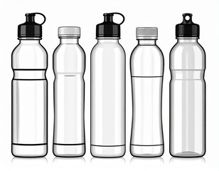 Bottled Hydration Array: An organized array of sleek, transparent water bottles, poised, reflecting a minimalist aesthetic with a focus on hydration.
