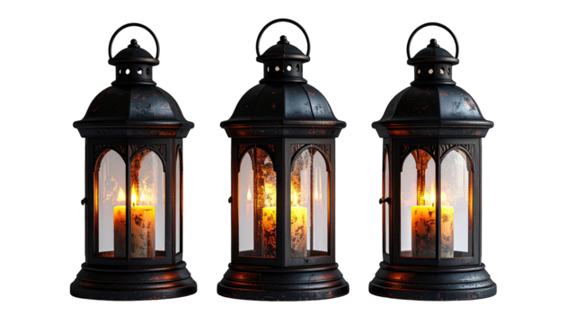 Three antique-style lanterns, illuminated