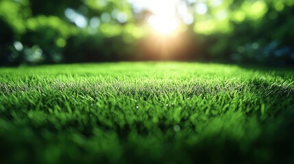 Naklejka premium Lush green grass foreground, soft-focus trees and sunlit background