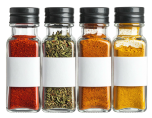 Four glass spice jars with blank white labels