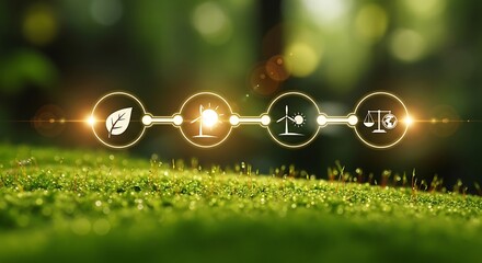 Futuristic green energy icons representing renewable power sources for a sustainable future