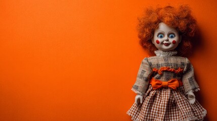 Scary doll with vibrant orange hair and playful expression, dressed in a vintage checkered outfit, set against a bold orange background, creating an eerie yet captivating atmosphere