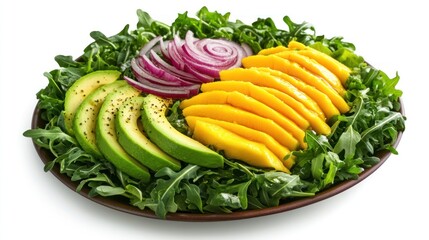 Mango, avocado, and red onion salad on plate