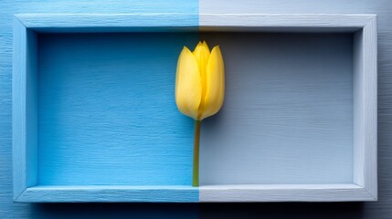 Yellow Tulip in Two-Tone Blue Textured Wooden Frame - Minimalist Spring Floral Composition for Home Decor and Greeting Card Design