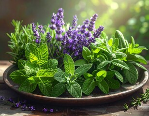 Fresh Herbs Displayed on a Plate.