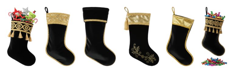 Black velvet Christmas stockings set including various gold trimmed, embroidered, and filled designs isolated. Festive holiday decoration and gift collection.
