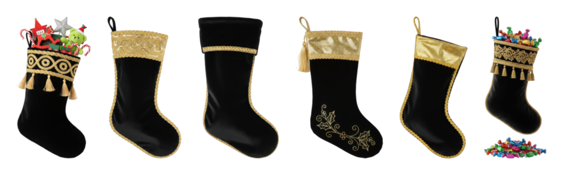 Black velvet Christmas stockings set including various gold trimmed, embroidered, and filled designs isolated. Festive holiday decoration and gift collection.