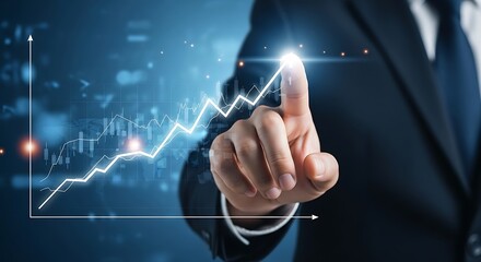 Business professional points to upward trending stock market graph futuristic technology finance concept