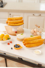 Fresh Golden Corn Fritters with Crispy Texture on Kitchen Counter Food Photography