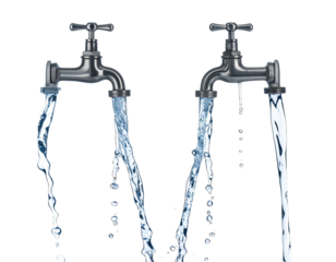 Two water faucets with flowing water