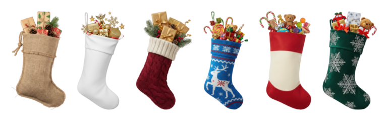 Christmas stockings set including knitted, burlap, and felt styles, all filled with festive gifts isolated. Holiday season decoration and present collection.