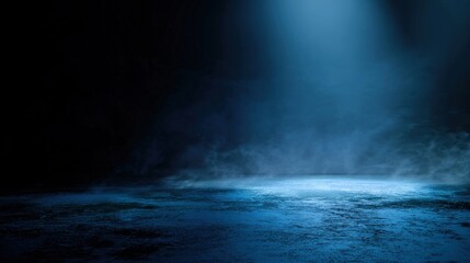 A dimly lit scene with a blue spotlight illuminating a misty surface, creating a mysterious and atmospheric effect.