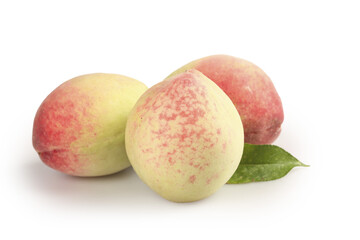 Fresh Ripe Peaches with Leaf Isolated on White Background