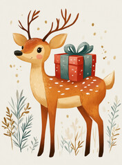 Festive reindeer transporting wrapped christmas present through snowy woodland, embodying holiday cheer and magical winter spirit