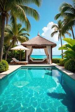 A sparkling turquoise pool, sun-drenched cabana, and lush tropical foliage create the ultimate luxurious summer escape Perfect for travel, vacation, and resort imagery , swimming, bright