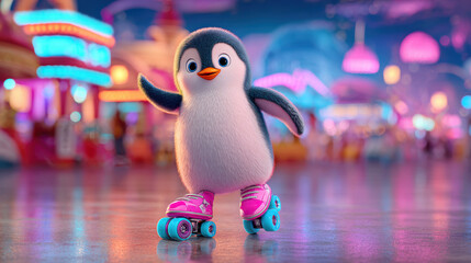 Cute cartoon penguin roller skating at a vibrant neon roller rink, enjoying fun and childhood activity