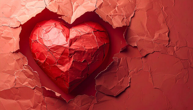 Red heart shape revealed through torn paper, symbolizing passion, motivation, and love with warm emotional tone, textured background enhances romantic and creative concept