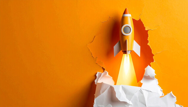 Rocket launching from torn white paper on vibrant orange background, symbolizing startup innovation, business growth, creativity, and new beginnings with dynamic and energetic mood