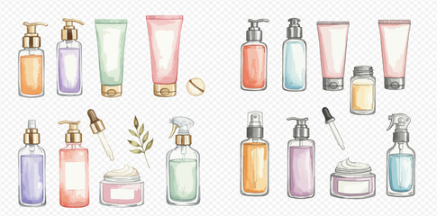 Obraz premium Watercolor illustration of various pastel cosmetic and skincare products in different bottles, tubes, and jars, including lotions, serums, and creams.