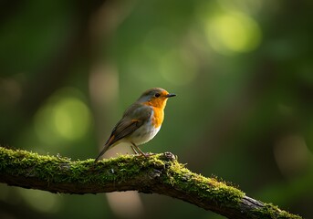 A European Robin bird perched on a moss-covered branch in a lush green forest with a blurred background.
