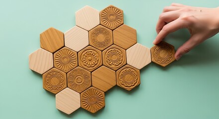 Hexagonal honeycomb game pieces being placed by a child's hand close up