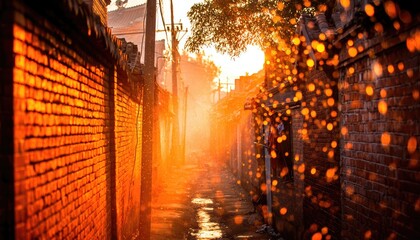 Golden Hour Alleyway with Sunlight and Reflections.