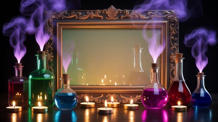 Halloween potion bottles with smoke and candles vapor.