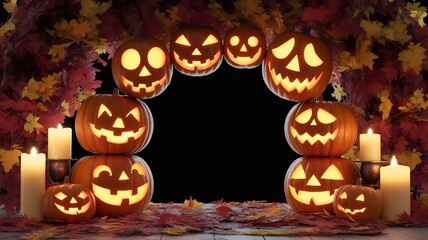 Halloween archway of carved pumpkins and autumn leaves.