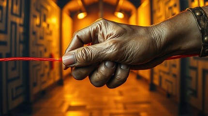Hand pulling Ariadne’s red thread like a navigator in the Minotaur’s labyrinth, symbolic illustration of Greek myth "Theseus and the Minotaur"